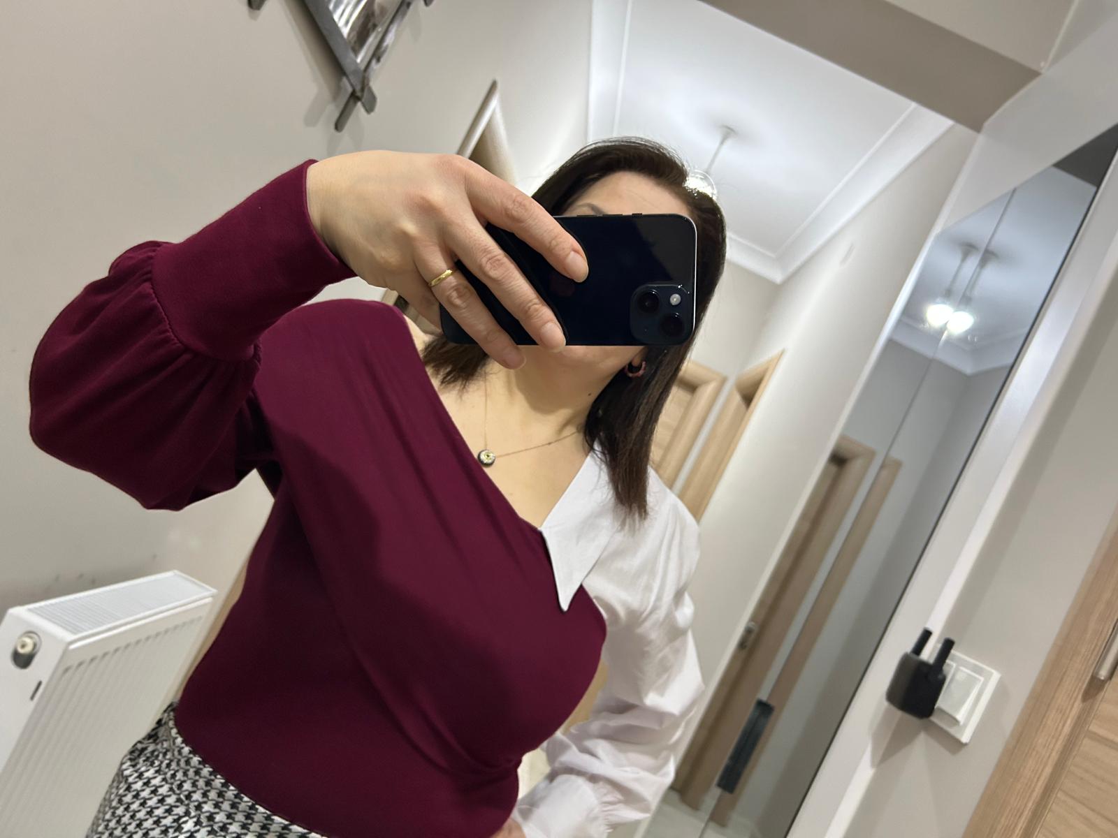 Gömlekli Bordo Bluz